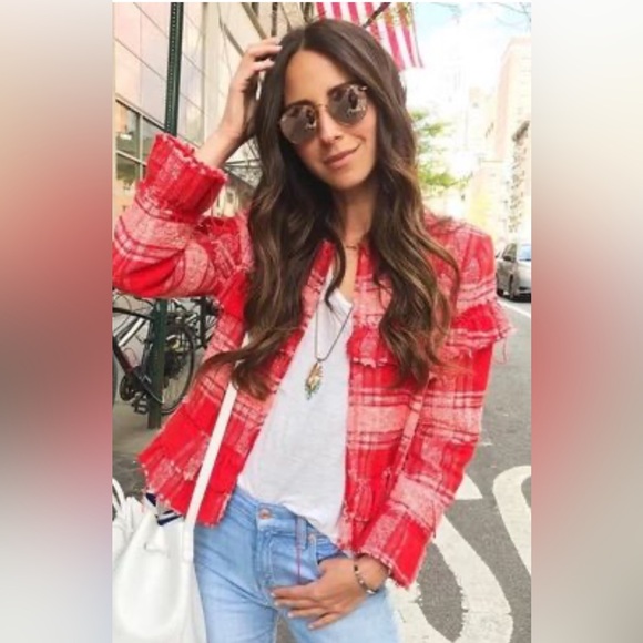 Zara Red Plaid Distressed Hem Women's Jacket - Picture 2 of 11